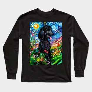 Black Poodle Starry Night with Flowers Long Sleeve T-Shirt